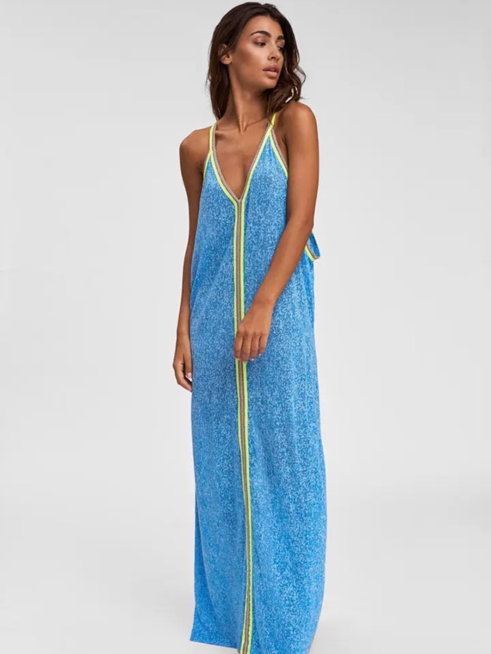 Pitusa Blue V-Neck Towel Maxi Coverup with Neon Trim
